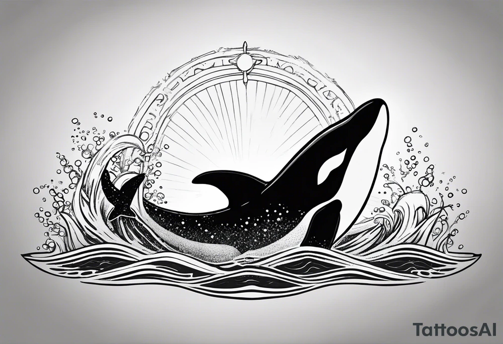 A male orca, black tattoo, 6-7 cm. sun beams in water, male orca diving down, tattoo viewpoint is half in water half out, maybe the big male dorsal fin is out of water on top if it looks good. tattoo idea