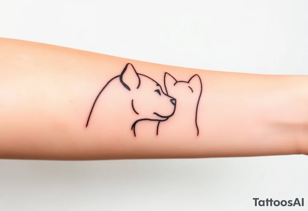 outline of pitbull ears, next to the outline of austrailian cattle dog ears, as they look off into the sunset tattoo idea