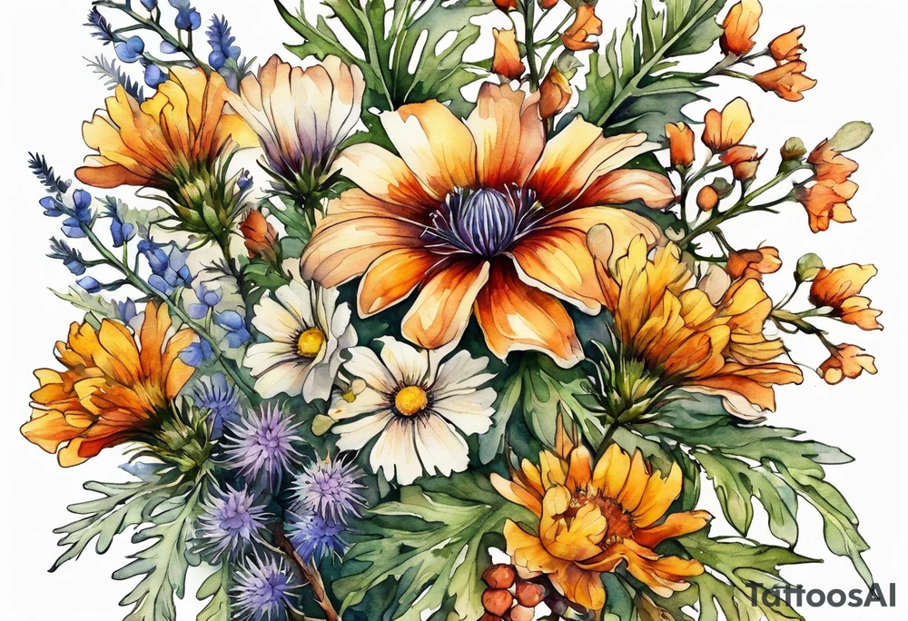 cascading mixed wildflowers with thistles, ferns, burnt orange white and yello flowers all in watercolor tattoo idea
