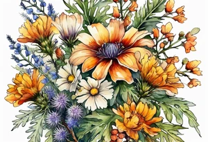 cascading mixed wildflowers with thistles, ferns, burnt orange white and yello flowers all in watercolor tattoo idea