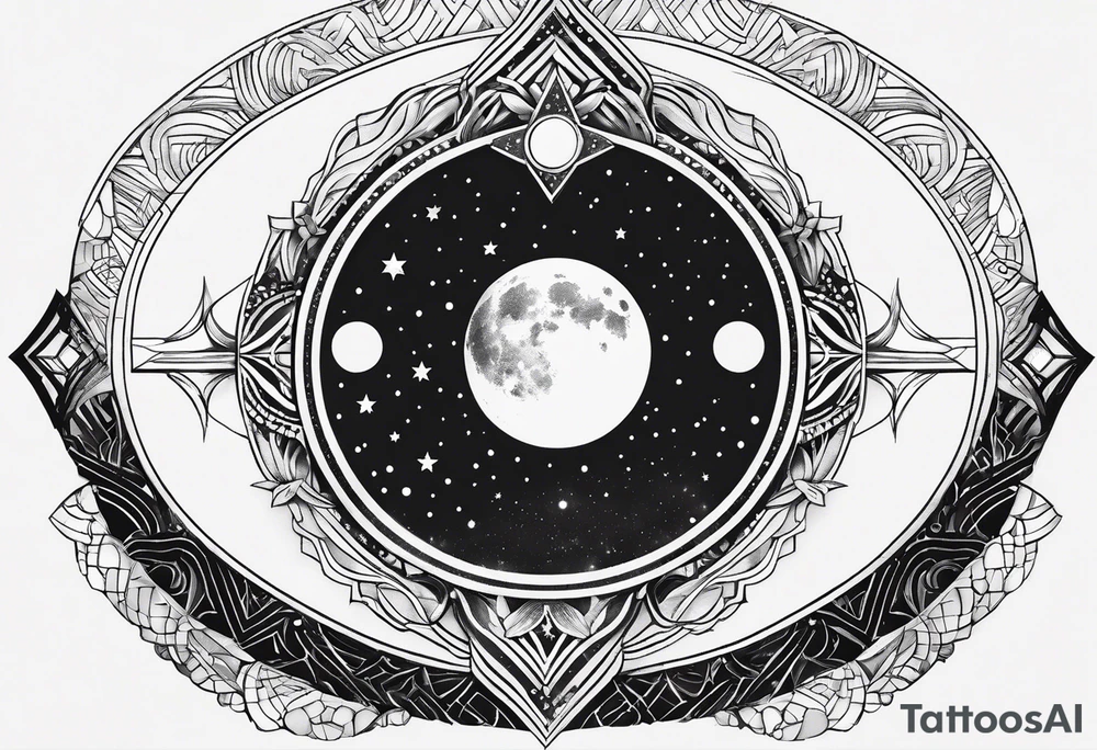 a simple design incorporate moon, jupiter and goddess, with stippled shading and geometric elements, white background tattoo idea