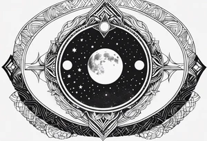 a simple design incorporate moon, jupiter and goddess, with stippled shading and geometric elements, white background tattoo idea