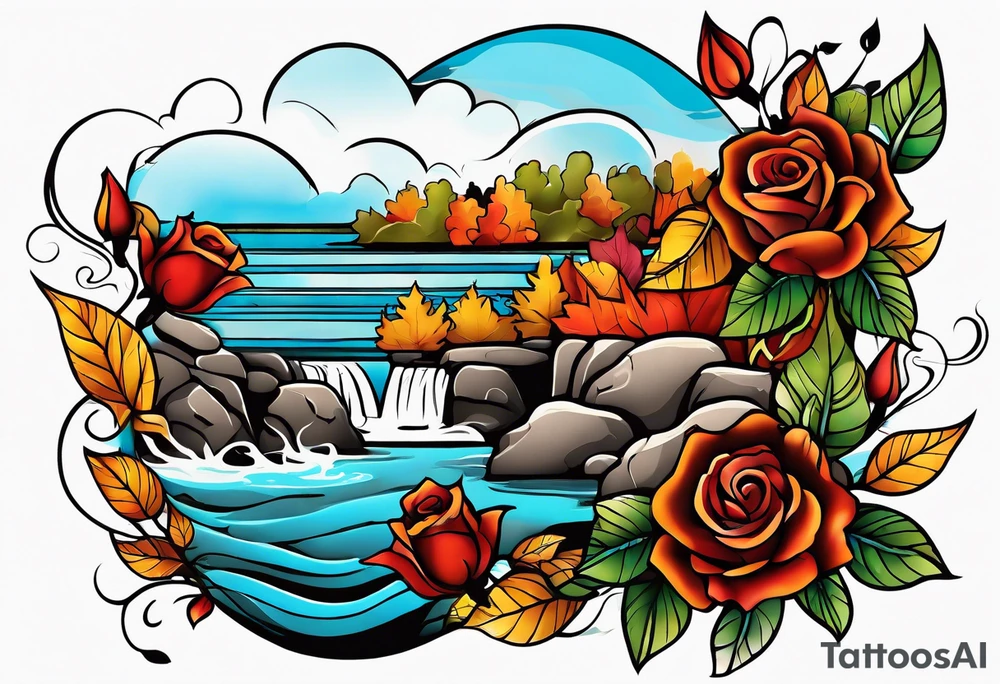 thigh tattoo in fall colors, showing water flow, rocks, sky, clouds, leaves, roses tattoo idea