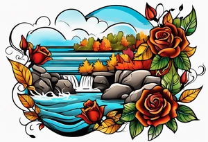 thigh tattoo in fall colors, showing water flow, rocks, sky, clouds, leaves, roses tattoo idea