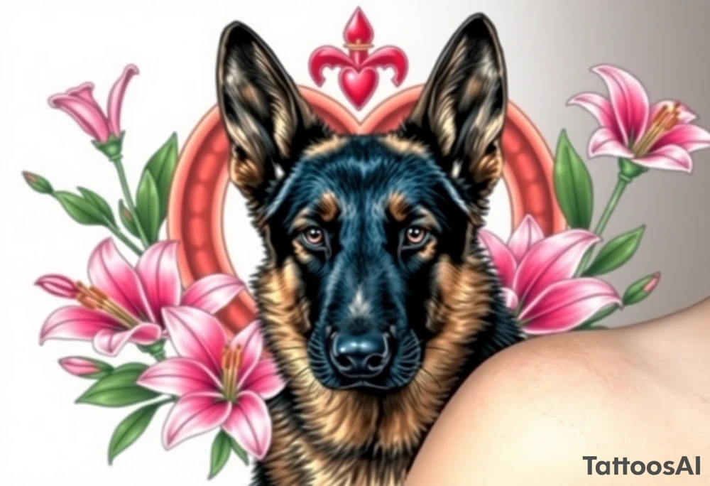 realistic german shepherd with alert ears looking protective surrounded by pink lilies with leaves in front of a sacred heart tattoo idea