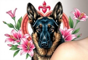 realistic german shepherd with alert ears looking protective surrounded by pink lilies with leaves in front of a sacred heart tattoo idea