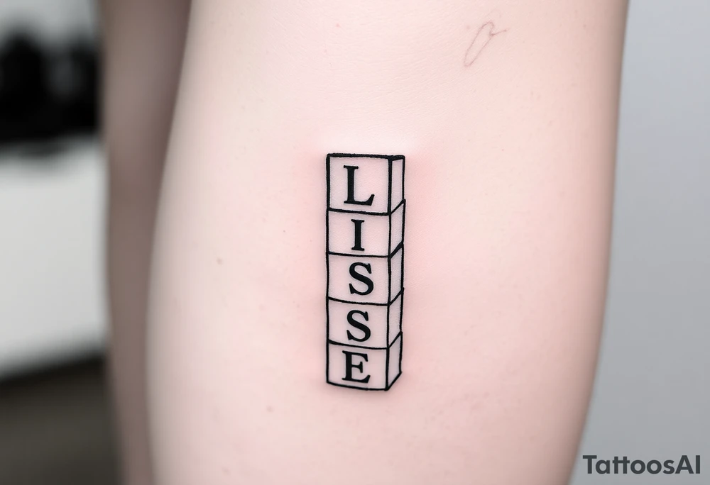 childrens blocks with ELISE on them vertically arranged on the calf tattoo idea