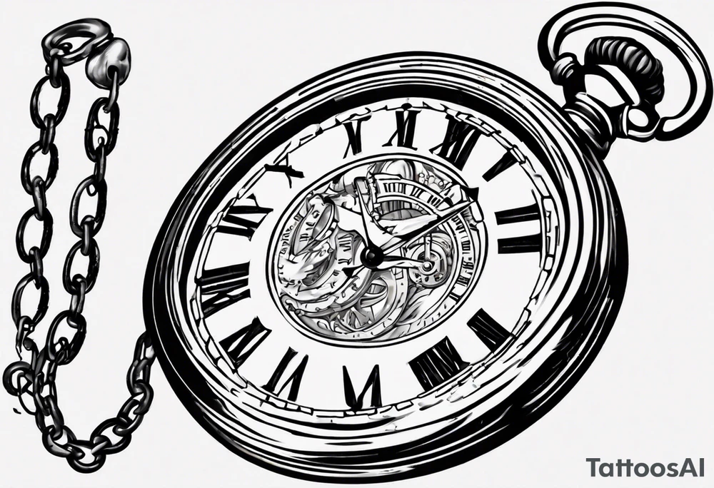 Pocket watch with chain, Roman numerals, date in Roman numerals inside timepiece, classic, elegant, traditional tattoo idea