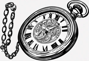 Pocket watch with chain, Roman numerals, date in Roman numerals inside timepiece, classic, elegant, traditional tattoo idea