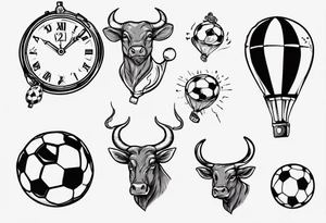 Une horloge avec le numéro 23 dedans , avec un taureau et un ballon de foot tattoo idea