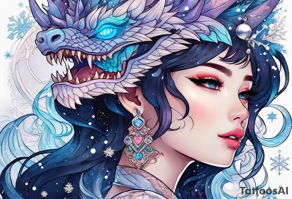 Constellation, kawaii dragon girl , snowflake tattoo idea