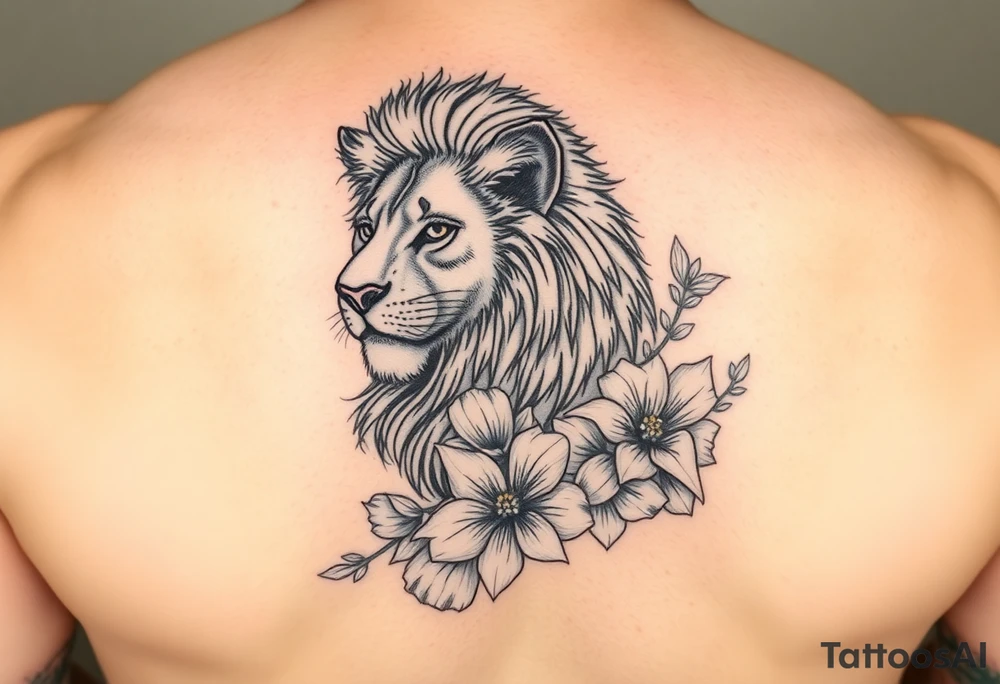 a lioness with frangapanis and fairys arm sleeve tattoo idea