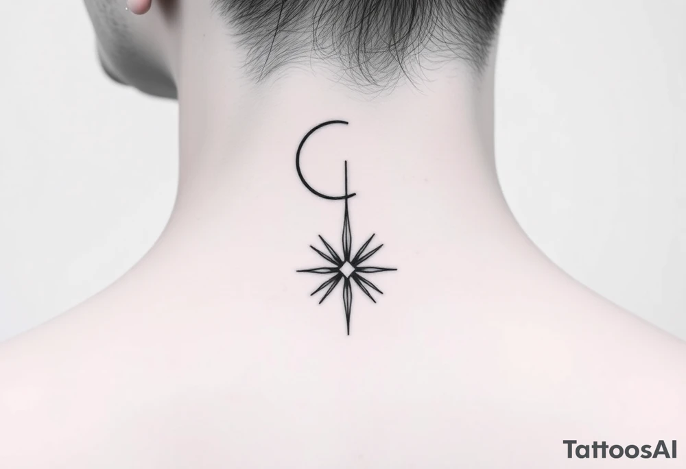A minimalist crescent moon neck tattoo positioned just behind the ear. The crescent moon is thin and curves to the left. A sharp vertical line extends downward from the inner curve of the moon, intersecting with a symmetrical starburst shape at the center of the line. The starburst has four points — the top and bottom points are elongated, while the horizontal points are shorter, giving it a sleek and modern look. The design features clean, thin lines with a slightly hand-drawn feel, combining celestial and geometric elements. The tattoo follows the natural curve of the neck, giving it an elegant and balanced appearance. tattoo idea