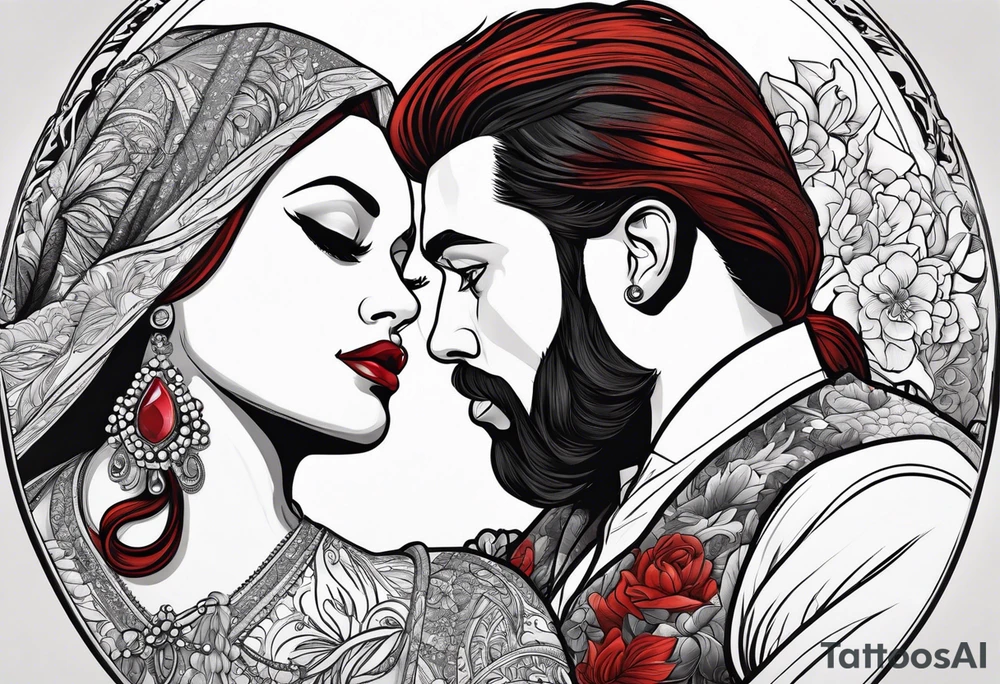 Busty red haired woman with a bearded man who has black hair tattoo idea