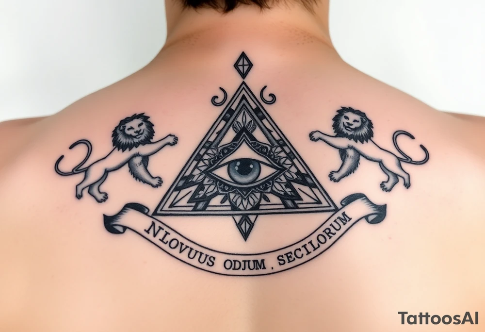 Pyramid with eye in the center, diamond on the top,lions on corners,surrounded by words - novus ordum seclorum tattoo idea