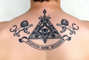 Pyramid with eye in the center, diamond on the top,lions on corners,surrounded by words - novus ordum seclorum tattoo idea