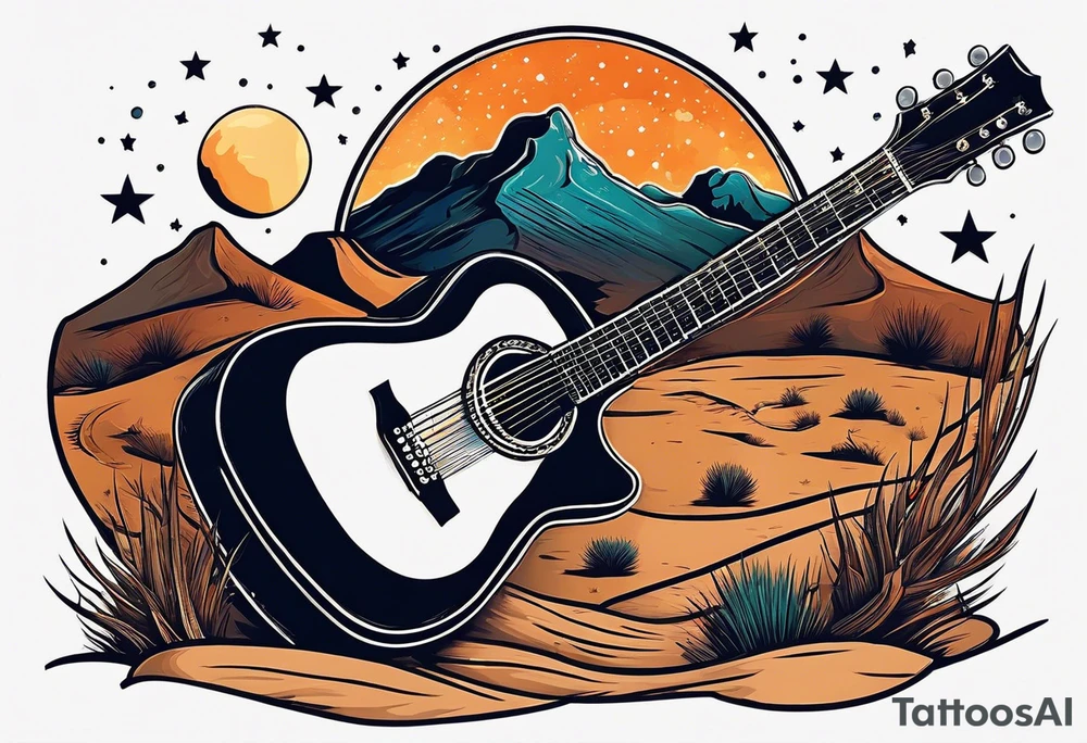 Acoustic Guitar by a campfire with a desert landscape and dirt bike silhouette and a half moon and stars tattoo idea