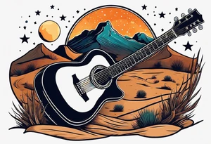 Acoustic Guitar by a campfire with a desert landscape and dirt bike silhouette and a half moon and stars tattoo idea