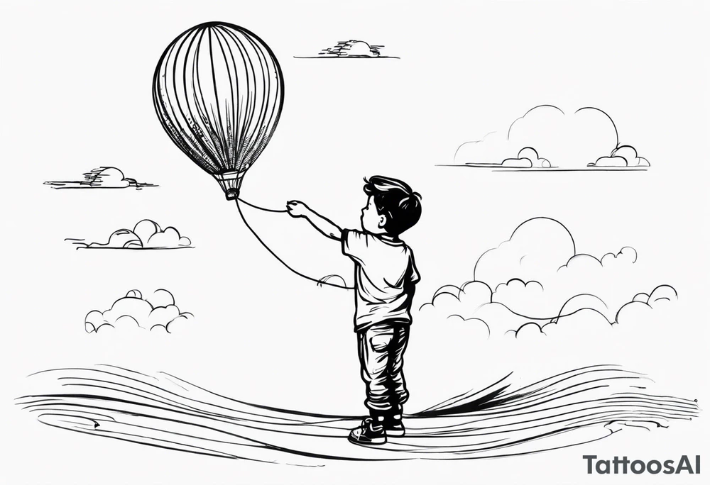 tatoo in sketch style only.
A little boy is holding a string to the earth shaped baloon.
boy should be drawed from behinfd anhas one hand reaching up in 45 degree angle and holding the baloon string
the string has a big wave look like a hearbeat pulse.
hearth party baloon is tattoo idea
