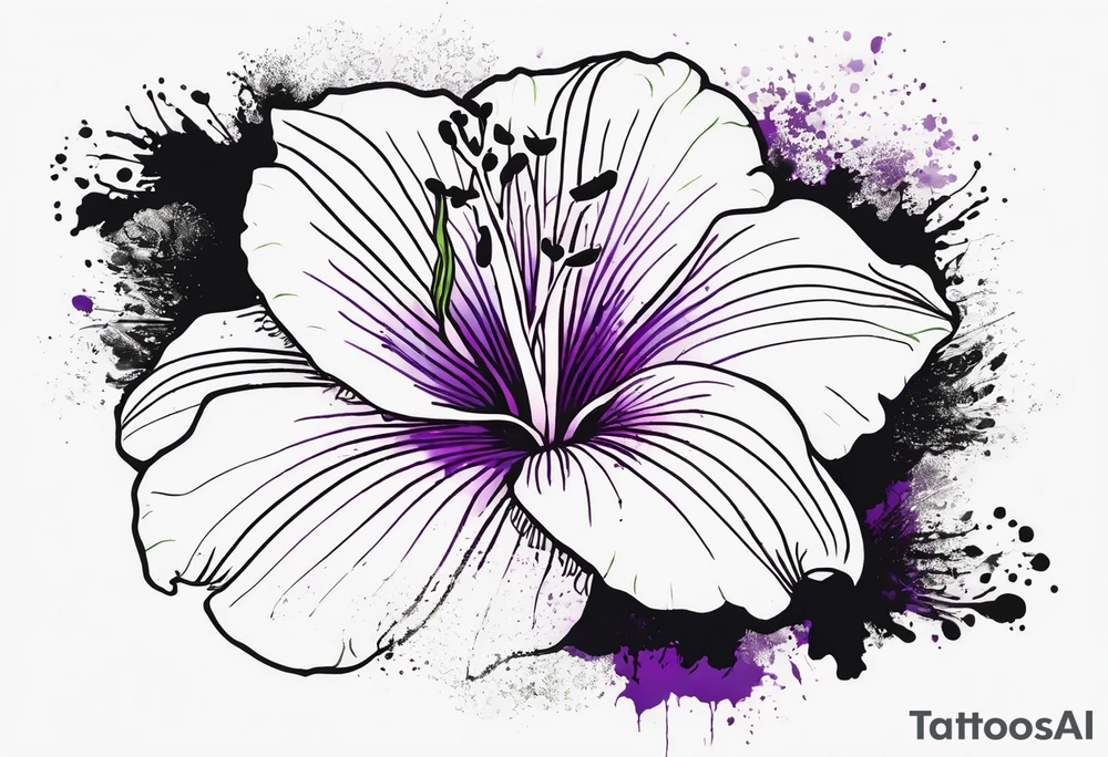 An outline of a rio dipladenia flower with a green and purple watercolor splash in the background tattoo idea