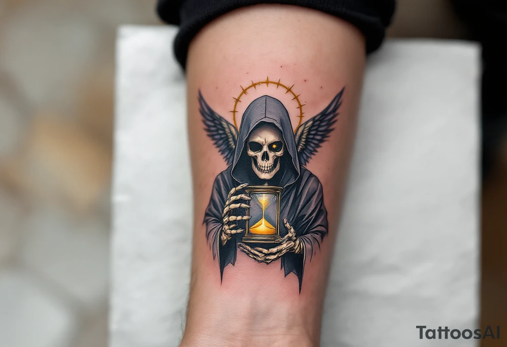 A skeletal angel in a hooded robe, holding a cracked hourglass with golden sand slipping through its bony fingers. tattoo idea