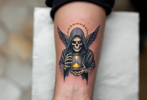 A skeletal angel in a hooded robe, holding a cracked hourglass with golden sand slipping through its bony fingers. tattoo idea