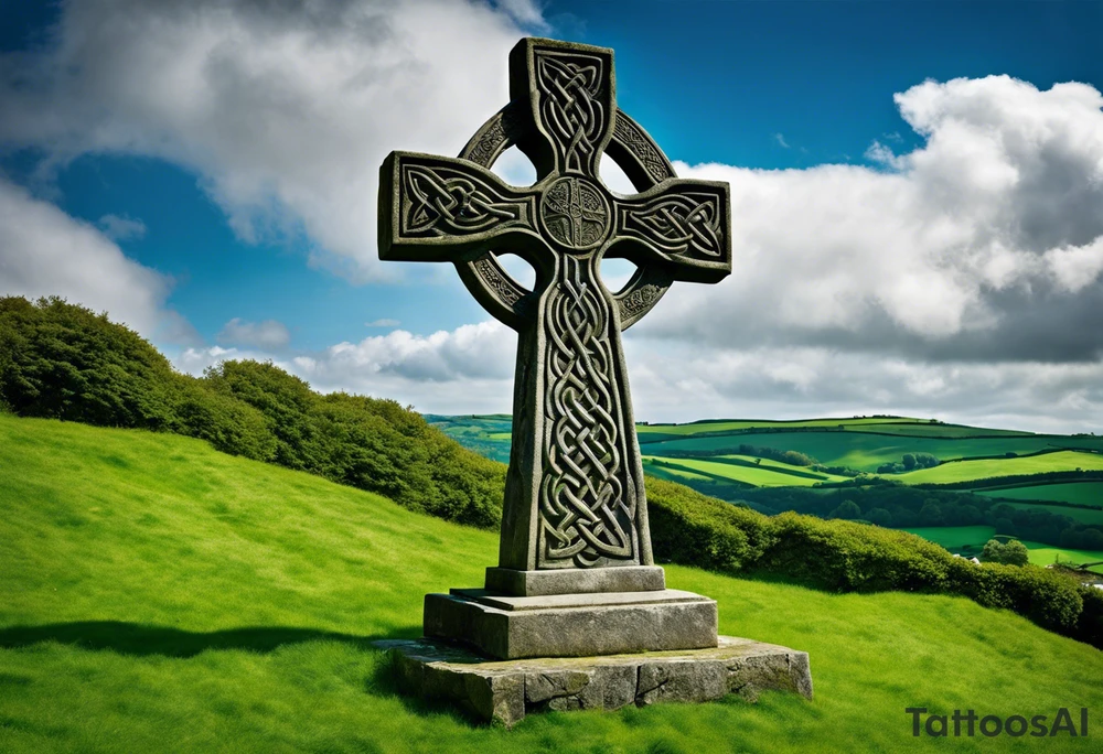 A large, weathered stone Celtic cross standing proudly atop a lush green hill, its four arms stretching skyward. The cross is intricately carved with intertwining knots and spirals, reflecting the artistry of the ancient Celts. A large raven sits perched at the intersection of the cross's arms, its ebony feathers gleaming in the soft light. The bird's eyes seem to hold a wisdom beyond its years, as if it has been witness to countless generations come and gone. tattoo idea