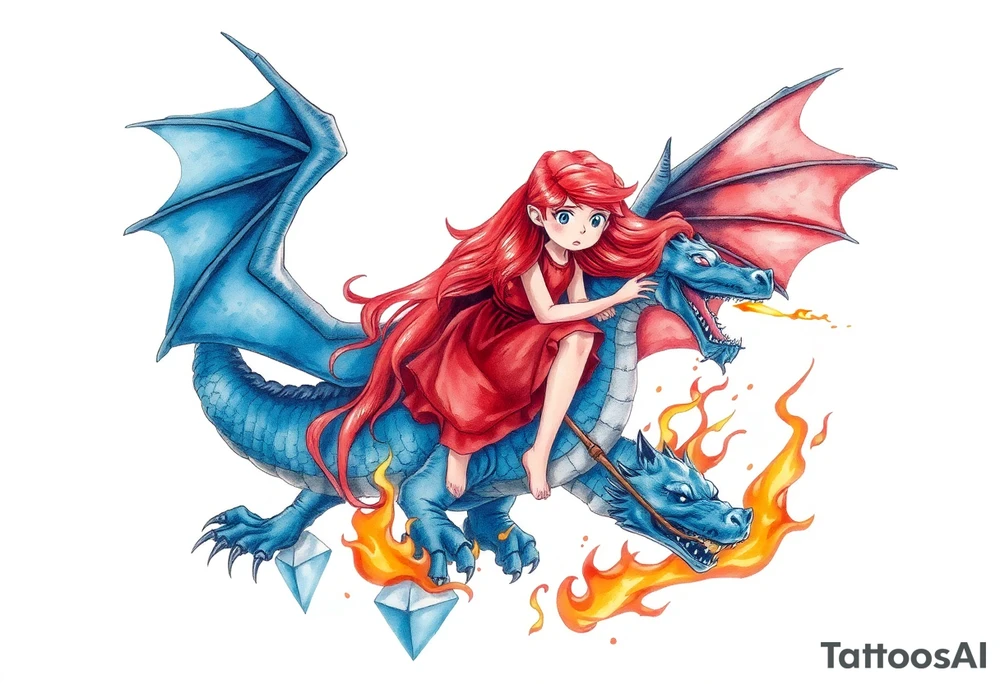 Scared redheaded girl on a blue dragon breathing fire with wings spread and flying over ice and flames tattoo idea