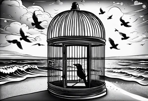 A birdcage with an open door, a bird flying out, on the beach, with the words be free tattoo idea