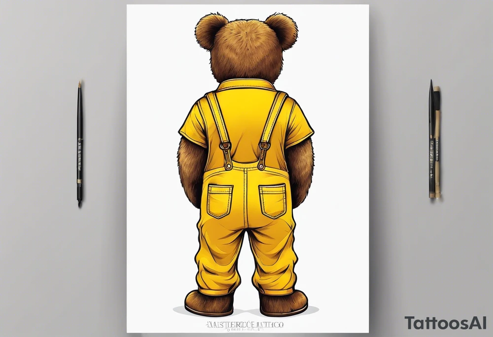 the back of a standing brown 
teddy bear in yellow , long overalls tattoo idea