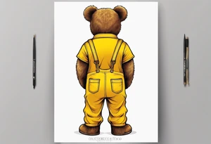 the back of a standing brown 
teddy bear in yellow , long overalls tattoo idea