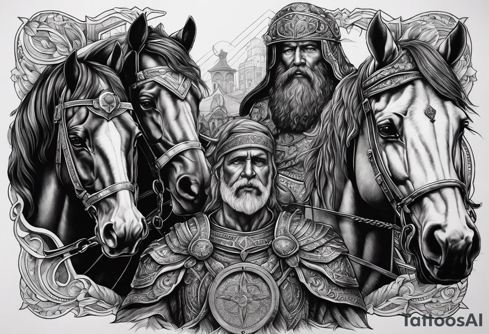 Os quatro cavaleiros do apocalipse lado a lado, com aparência sombria, retratados com seus acessórios e cavalos descritos conforme a biblia. tattoo idea