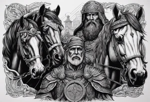 Os quatro cavaleiros do apocalipse lado a lado, com aparência sombria, retratados com seus acessórios e cavalos descritos conforme a biblia. tattoo idea
