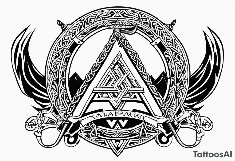 Valhalla sword shield axe Valknut chains tattoo idea