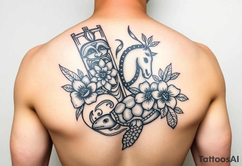 Tiki, flowers, waves, equine, turtle, #299 (Small), black, old school, upper arm tattoo idea