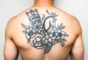 Tiki, flowers, waves, equine, turtle, #299 (Small), black, old school, upper arm tattoo idea