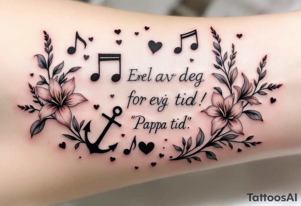 Quote in two rows; En del av deg for evig tid! Pappa, 20.12.24. Surround the quote with long gladioluses, music notes, hearts and an anchor tattoo idea