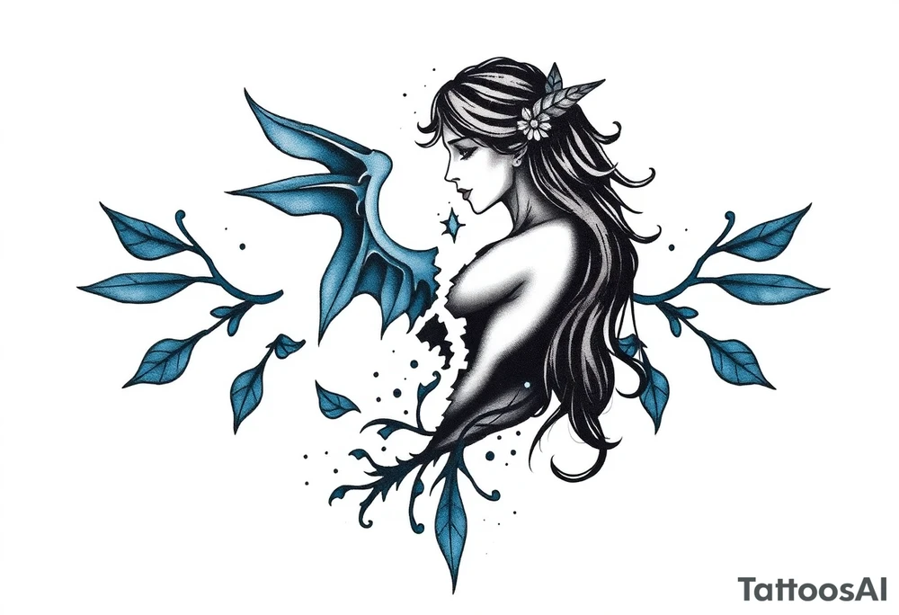 A minimalist tattoo that represents a shattered and betrayed gemini woman who fought hard throughout this year. With colors blue and black. Make it unique and rare. Without leaves and stem. tattoo idea