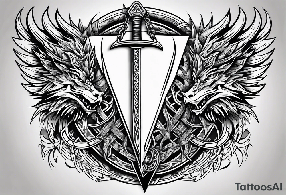 Valhalla sword shield dragon axe Valknut barbed wire chains tribal tattoo idea Valhalla sword shield dragon axe Valknut barbed wire chains tribal tattoo idea