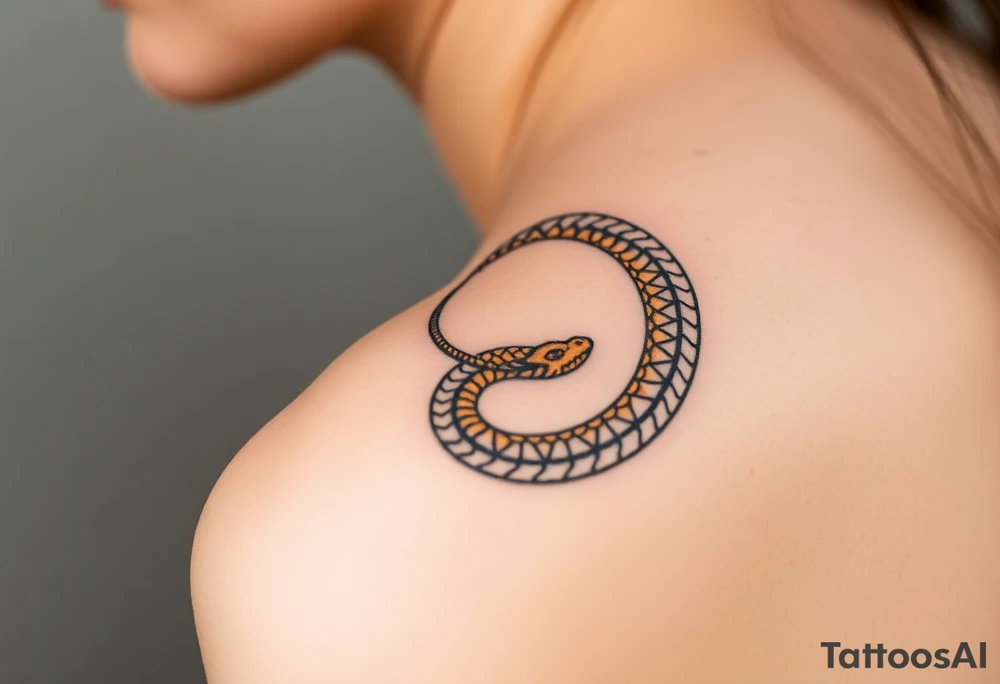 A golden dragon Ouroboros snake forming cyrcle with ruby eyes, its body covered in ancient markings, resembling a divine entity. tattoo idea