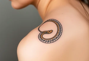 A golden dragon Ouroboros snake forming cyrcle with ruby eyes, its body covered in ancient markings, resembling a divine entity. tattoo idea