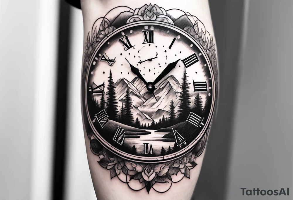 clock with landscape tattoo idea