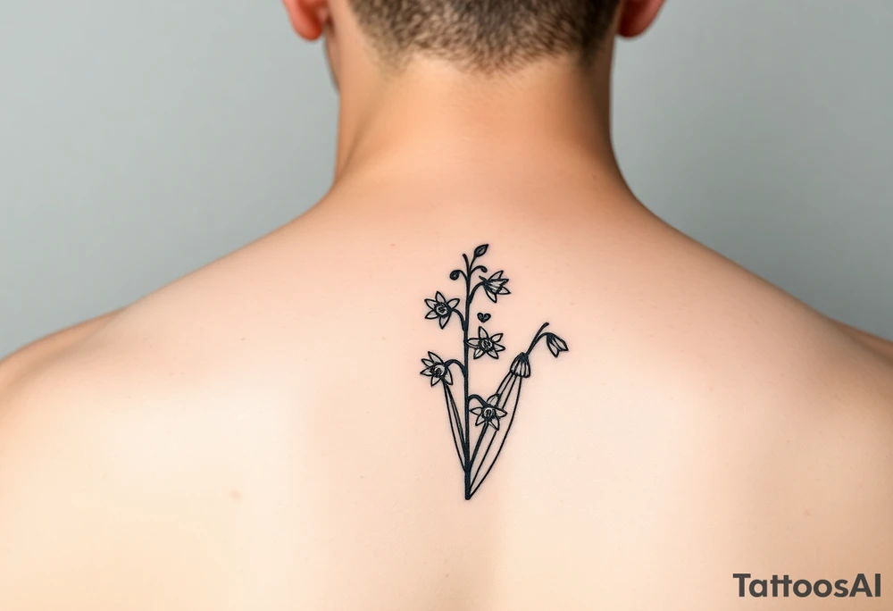 Coquis, stamp with daffodils, Lily of the valley, larkspur tattoo idea