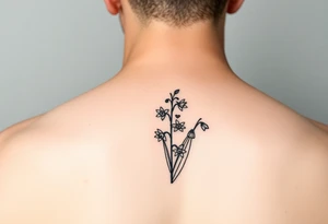Coquis, stamp with daffodils, Lily of the valley, larkspur tattoo idea
