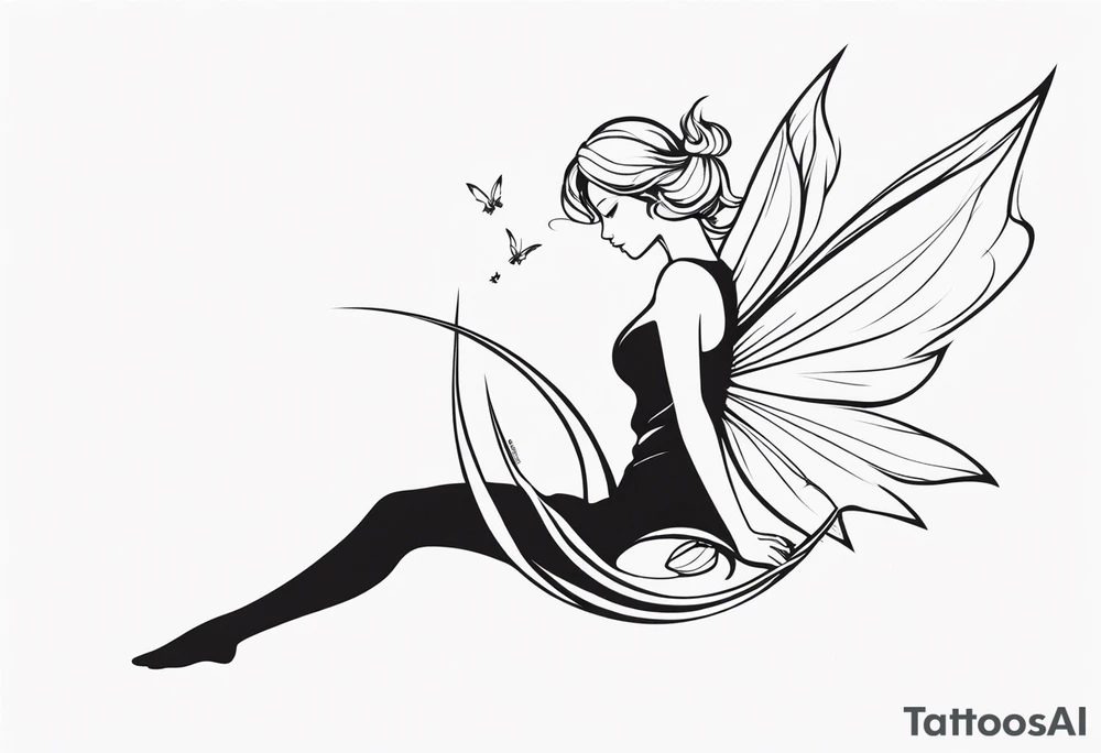 Minimalistic, monochromatic fairy with a tail flying to the left in a fetal position, leaning and looking in the same direction, with visible hands, embodying the 'Fairy Tail' logo aesthetic. tattoo idea