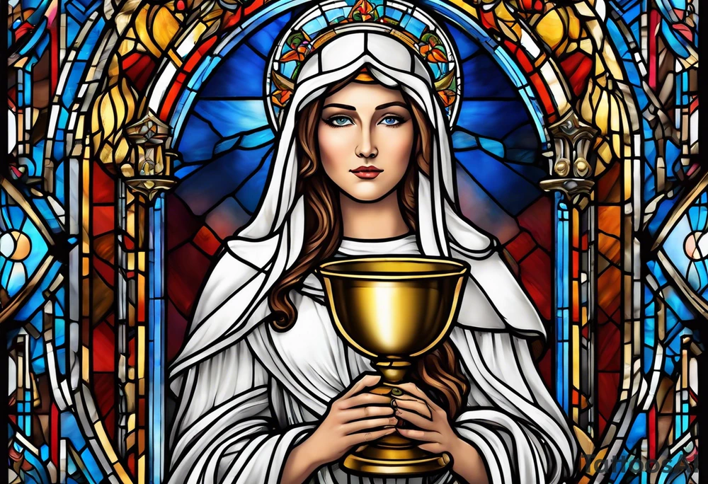 holy saint woman with halo stained glass holding a chalice with artillery tattoo idea