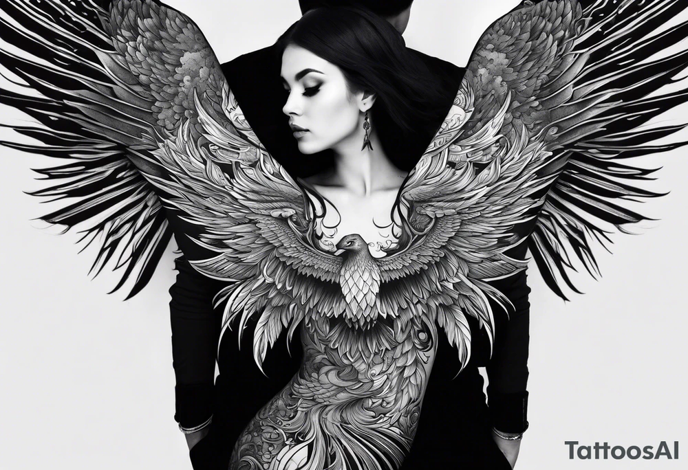 A full sleeve tattoo showing A large phoenix over my shoulder  A person/angel flying through a starry night sky, Some witches or salem witch trial type imagery  a blacked out silhouette from a picture of my band after a show tattoo idea