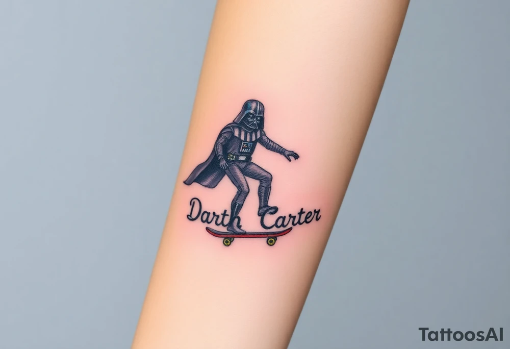 Darth Vader skateboarding >
blue & red
skateboard words "Darth Carter"
add date 12/29/88-01/06/24 tattoo idea