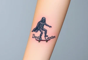 Darth Vader skateboarding >
blue & red
skateboard words "Darth Carter"
add date 12/29/88-01/06/24 tattoo idea
