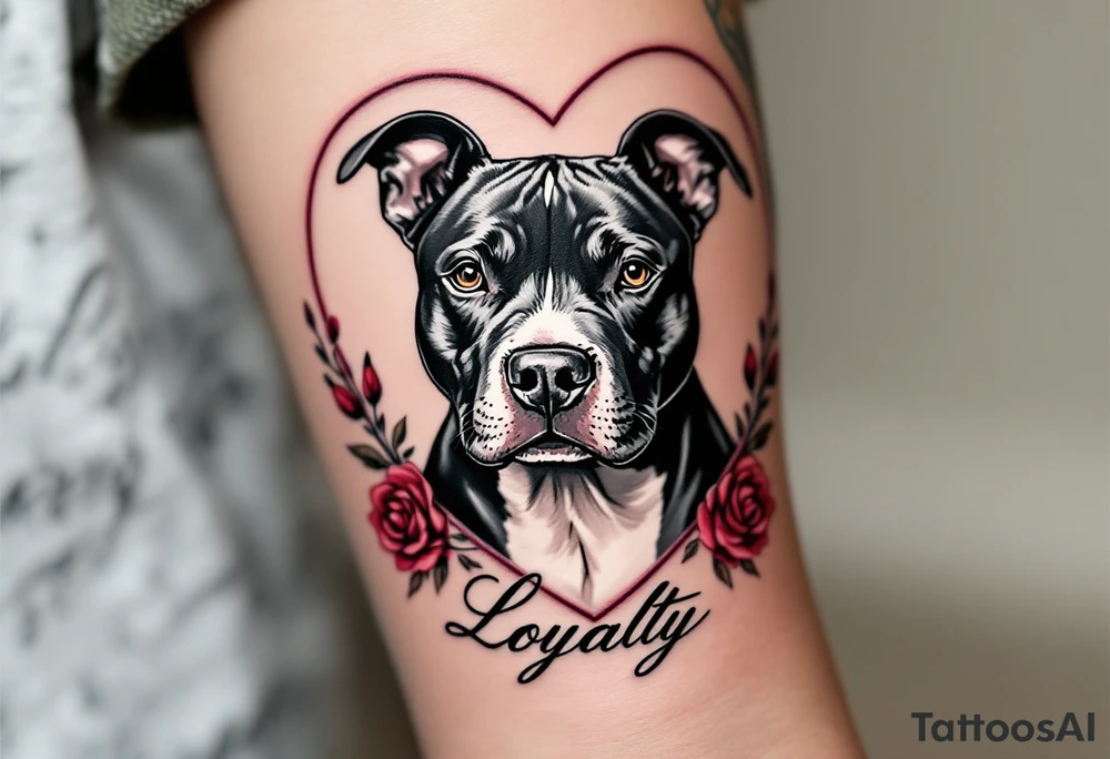 Pitbull in a heart-shaped frame, classic black and gray portrait with red roses and script reading “Loyalty” underneath. tattoo idea